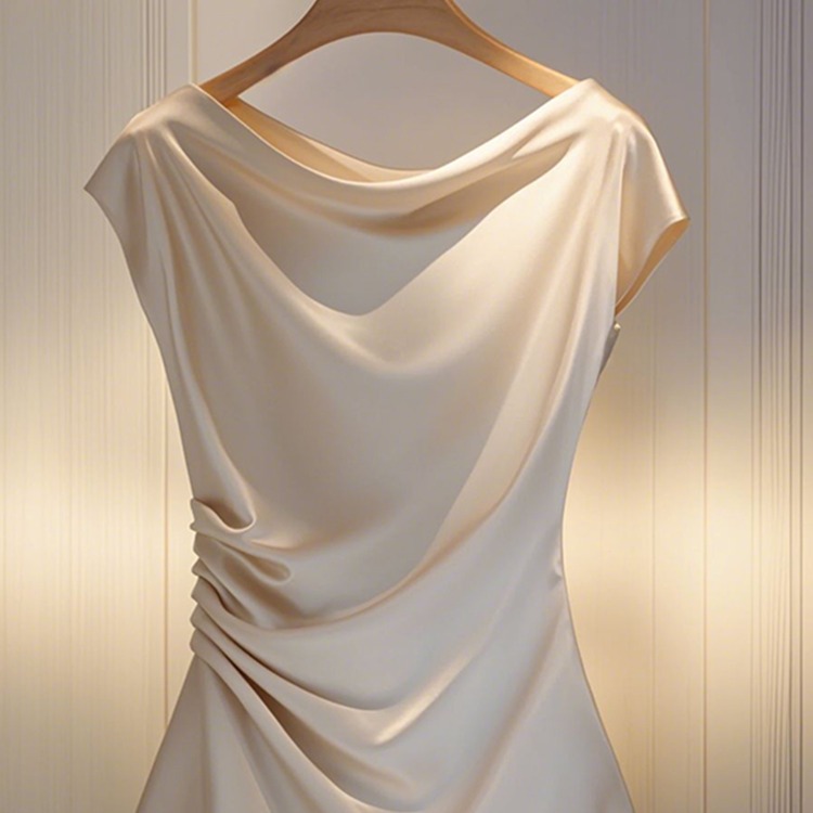 法式荡领一字肩醋酸上衣女夏季新款真丝短袖t恤褶皱收腰气质小衫