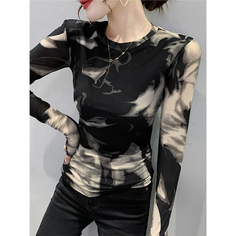 复古印花长袖网纱T恤打底衫女春秋薄款内搭洋气大码减龄修身上衣