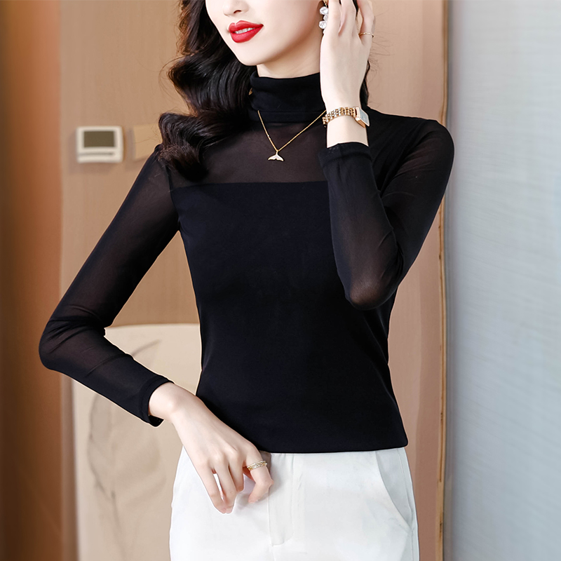 黑色打底衫女高领网纱内搭大码紧身内搭高级感新款堆堆领上衣薄款