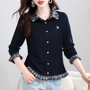 早春格子假两件衬衫女士春装2026新款超好看外穿今年流行爆款上衣