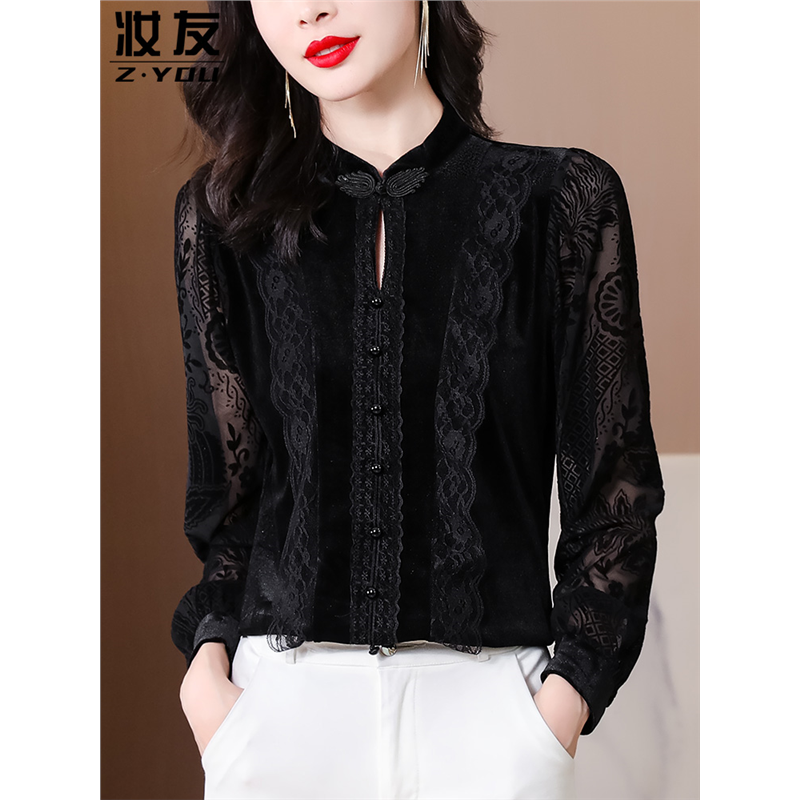 黑色金丝绒打底衫女士春秋