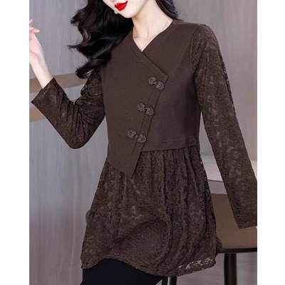 中长加绒蕾丝打底衫女春秋