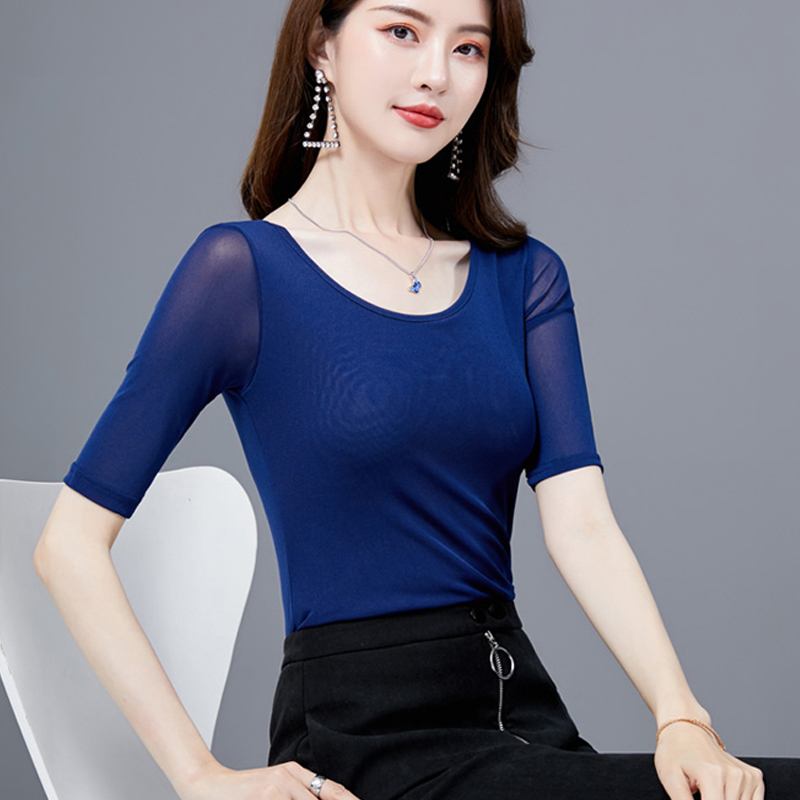 低领蕾丝上衣网纱打底衫女西装内搭纱衣打底衫2025新款v领短袖t恤