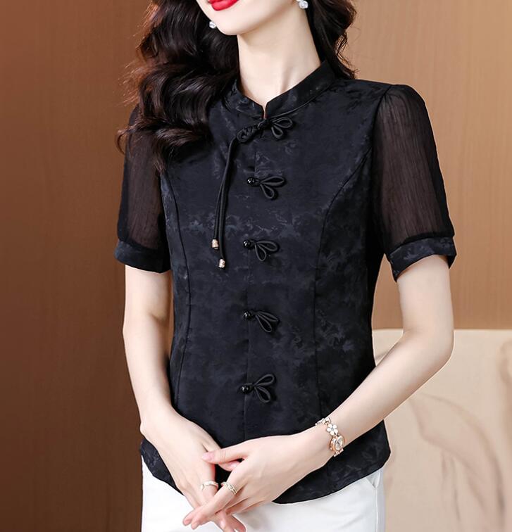 黑色真丝衬衫女短袖夏季新