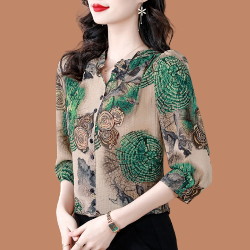 碎花真丝衬衫女士七分短袖衬衣春夏季新款洋气小衫杭州桑蚕丝上衣