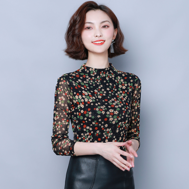 拉丁舞上衣女士网纱长袖舞蹈摩登半广场春季交谊舞服修身高领国标