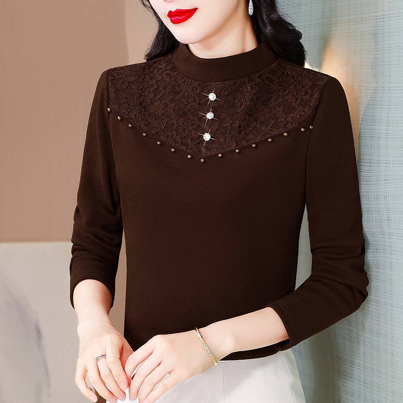 中年妈妈半高领蕾丝拼接双面德绒长袖打底衫女士秋冬内搭小衫上衣