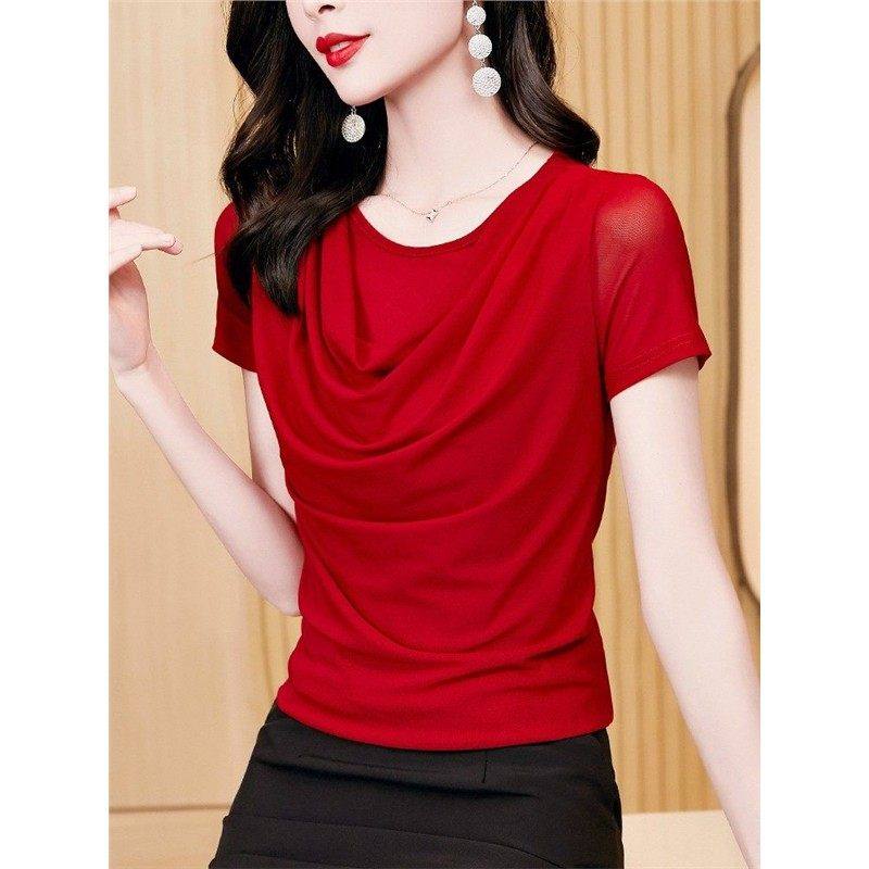 短袖t恤女设计感荡领网纱打底衫洋气时髦内搭小衫显瘦遮肚上衣夏,女装/女士精品,T恤,淘宝优惠券,粉丝福利购,淘宝优惠卷