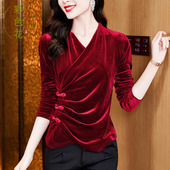 女秋装 新款 新洋气小衫 交叉v领金丝绒打底衫 国风中式 盘扣别致上衣