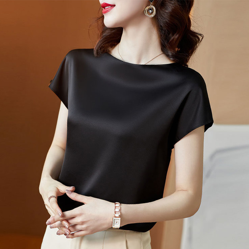 真丝上衣女短袖上衣春夏时尚宽松醋酸缎面妈妈小衫高端桑蚕丝t恤