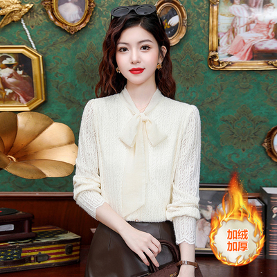 蝴蝶结加绒女士蕾丝衬衫秋冬宽松百搭加厚打底衫显瘦高级系带衬衣