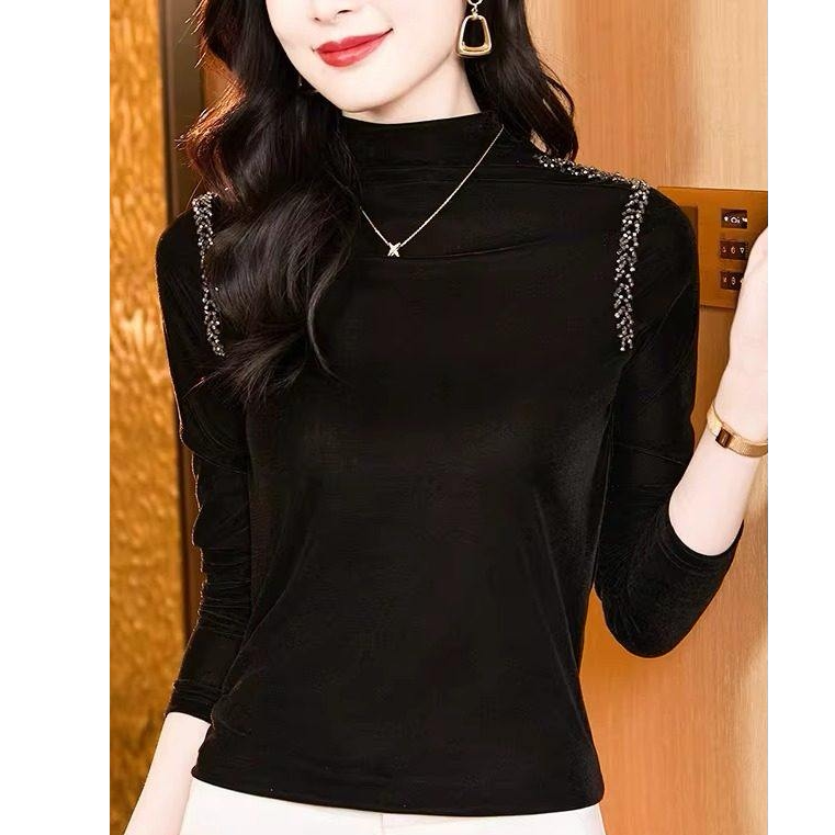 黑色半高领丝绒打底衫女2026新款秋冬高级感修身烫钻t恤内搭上衣,女装/女士精品,T恤,淘宝优惠券,粉丝福利购,淘宝优惠卷