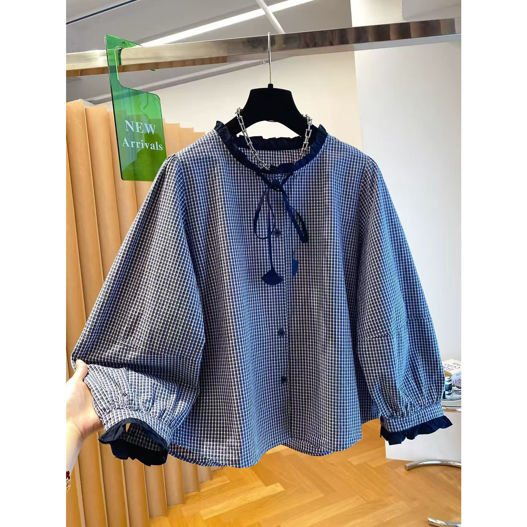 韩系小格子木耳边宽松减龄衬衫女