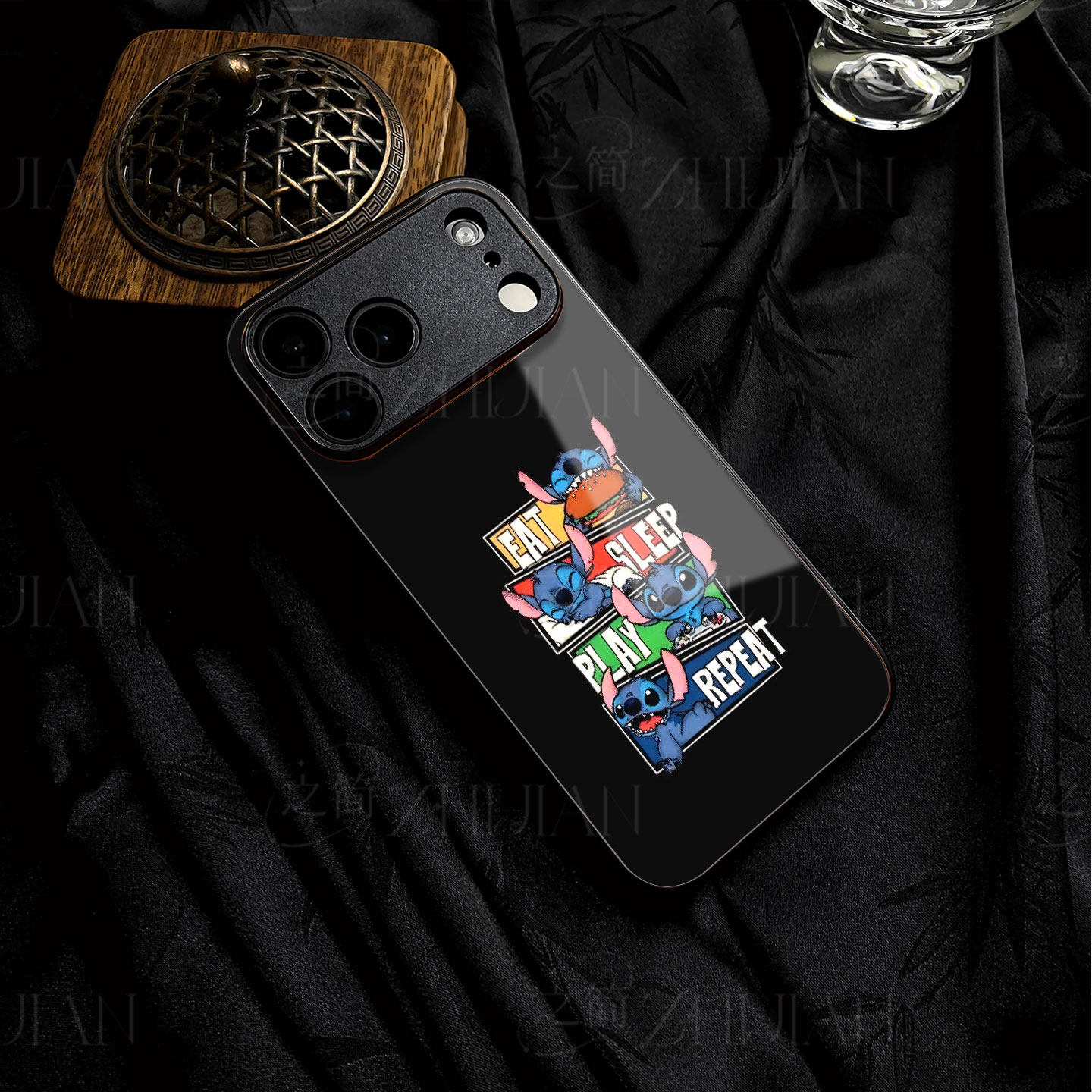 史迪奇作息图磁吸磨砂黑框电镀玻璃手机壳适用苹果iphone17promax华为PROMAX12/13/ VIVOS17EVIVOS15ENOVA14U