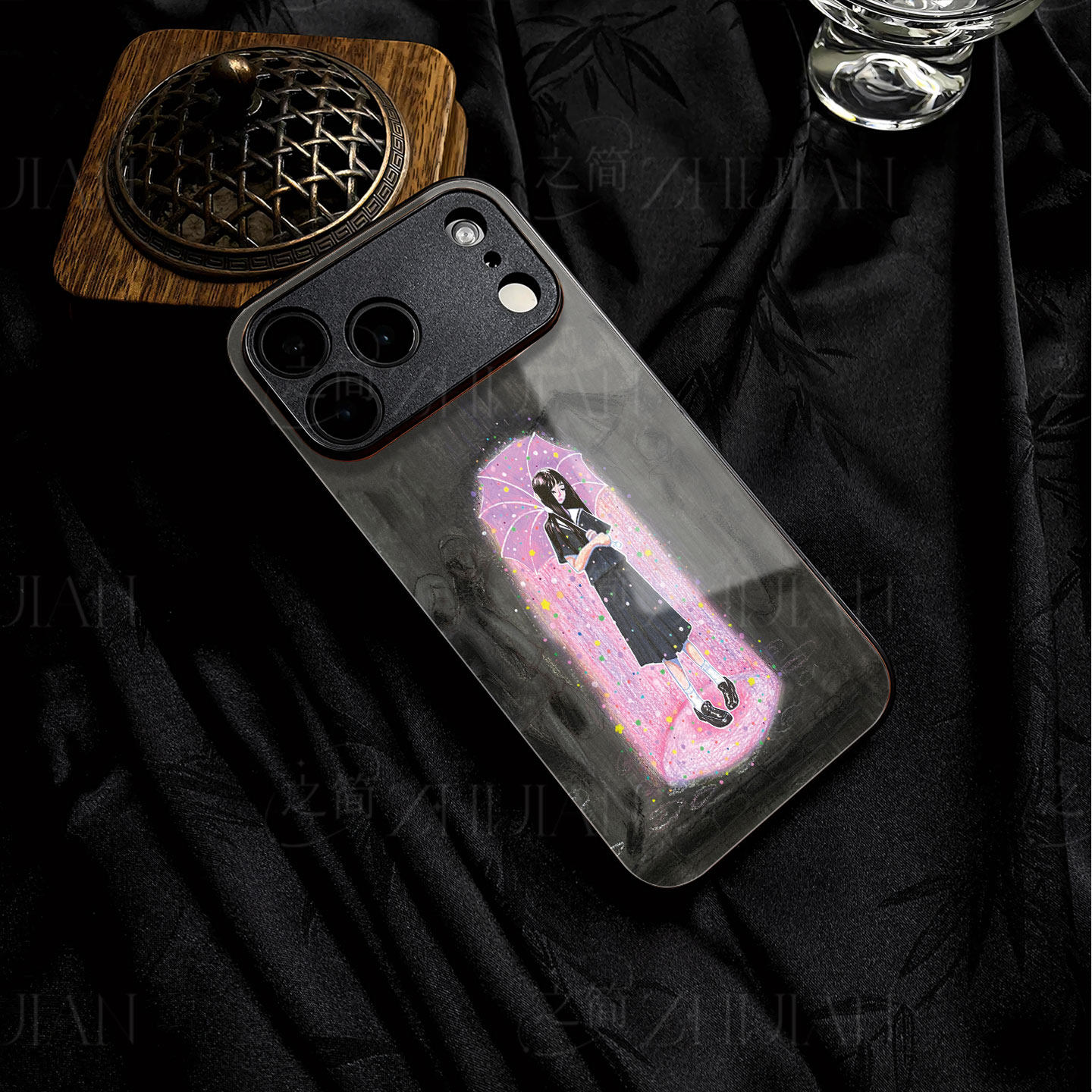 紫伞少女磁吸磨砂黑框电镀玻璃手机壳适用苹果iphone17promax华为VIVOX300PRO荣耀70PRONOVA8PROOPPORENO7PRO
