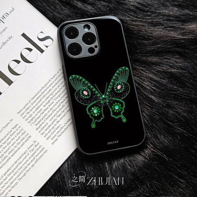 之简ZHIJIAN《翠蝶镶钻》玻璃亮面磨砂手机壳新款小众不撞壳适用苹果17promaxIQOOZ10TURBOIQOO15小米13PRO