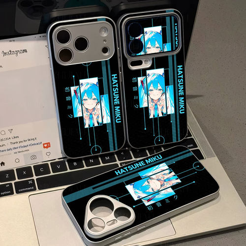 初音未来磁吸磨砂黑框电镀玻璃手机壳适用苹果iphone17promax华为NOVA8SE1加ACE2PRO1加ACE6至尊版PROMAX14/1