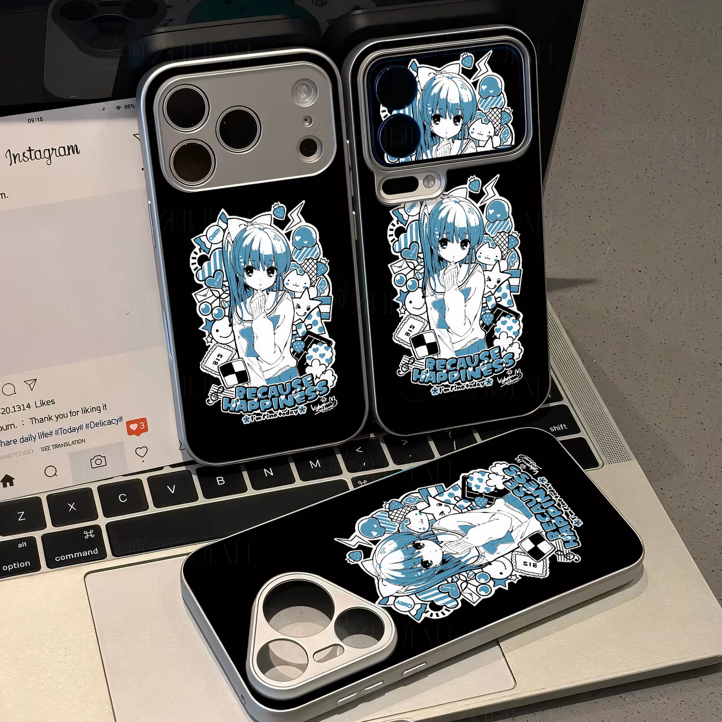 蓝白动漫少女磁吸磨砂黑框电镀玻璃手机壳适用苹果iphone17promax华为红米TURBO3VIVOS19PRO荣耀X80I1加ACE3P