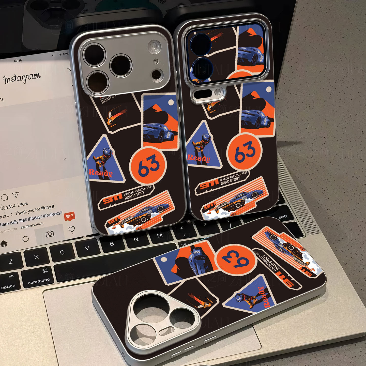 保时捷63贴纸磁吸磨砂黑框电镀玻璃手机壳适用苹果iphone17promax华为红米K60至尊版PURA80ULTRAOPPORENO11PR