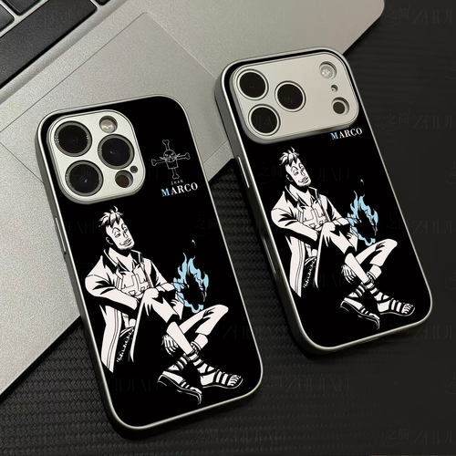 海贼王马尔科磁吸磨砂黑框电镀玻璃手机壳适用苹果iphone17promax华为VIVOX200PROMINI荣耀500PRO红米NOTE12P