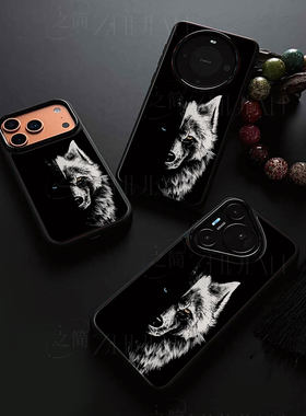 黑白异瞳狼头磁吸磨砂黑框电镀玻璃手机壳适用苹果iphone17promax华为VIVOX70PROOPPORENO10PRO红米TURBO5MAX