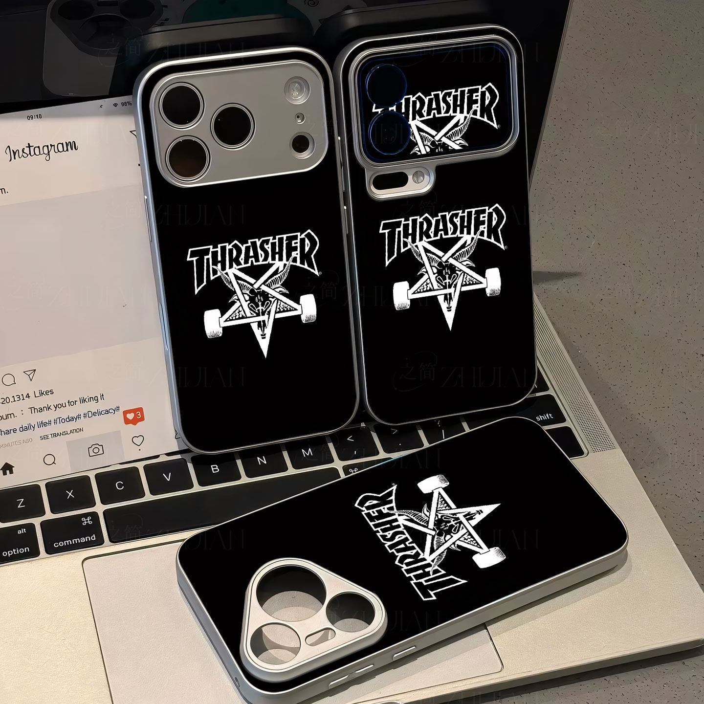 Thrasher滑板图磁吸磨砂黑框电镀玻璃手机壳适用苹果iphone17promax华为NOVA9PROVIVOX70PROOPPORENO6PROPROM