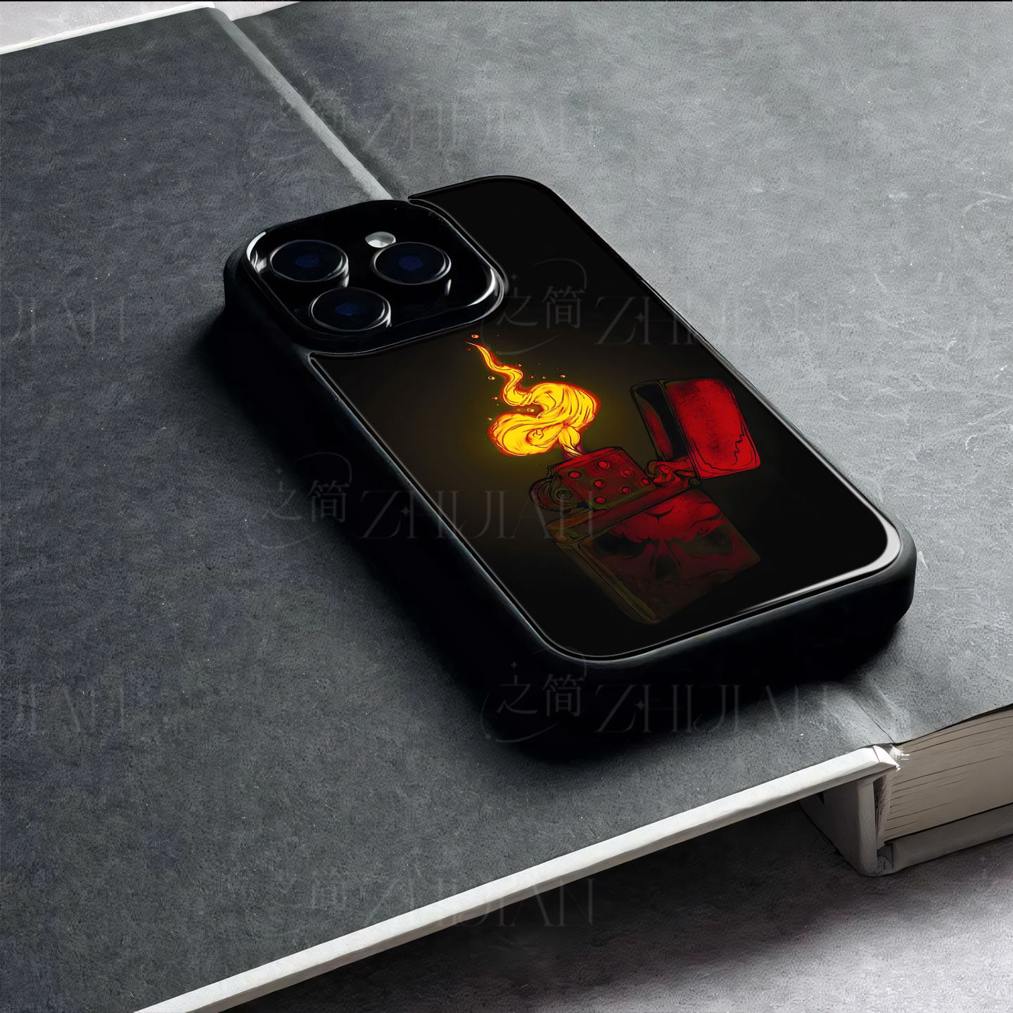 Zippo火焰磁吸磨砂黑框电镀玻璃手机壳适用苹果iphone17