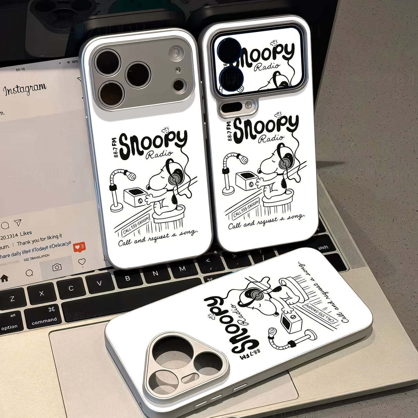 史努比电台磁吸磨砂黑框电镀玻璃手机壳适用苹果iphone17promax华为NOVA8SE红米K60EVIVOX70PRONOVA8PRO