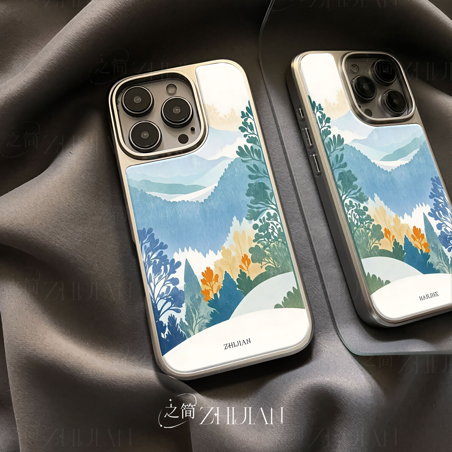 之简ZHIJIAN《层峦叠翠》电镀玻璃磨砂手机壳新款小众不撞壳适用苹果17promax小米17PROMAX华为MATE60PROPLUS