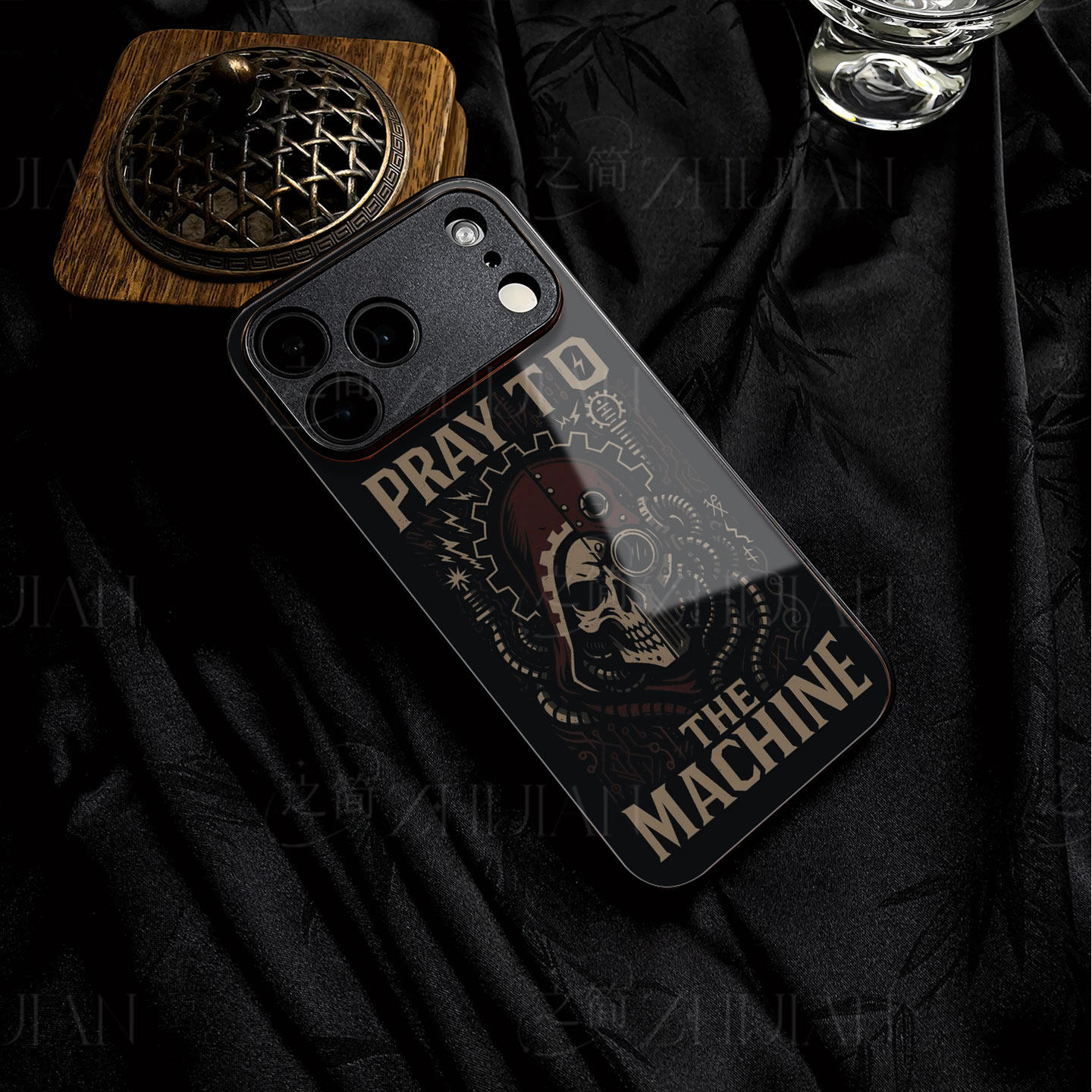 机械骷髅磁吸磨砂黑框电镀玻璃手机壳适用苹果iphone17promax华为P40PRO荣耀90GTMATE70AIR小米CIVI4PRO