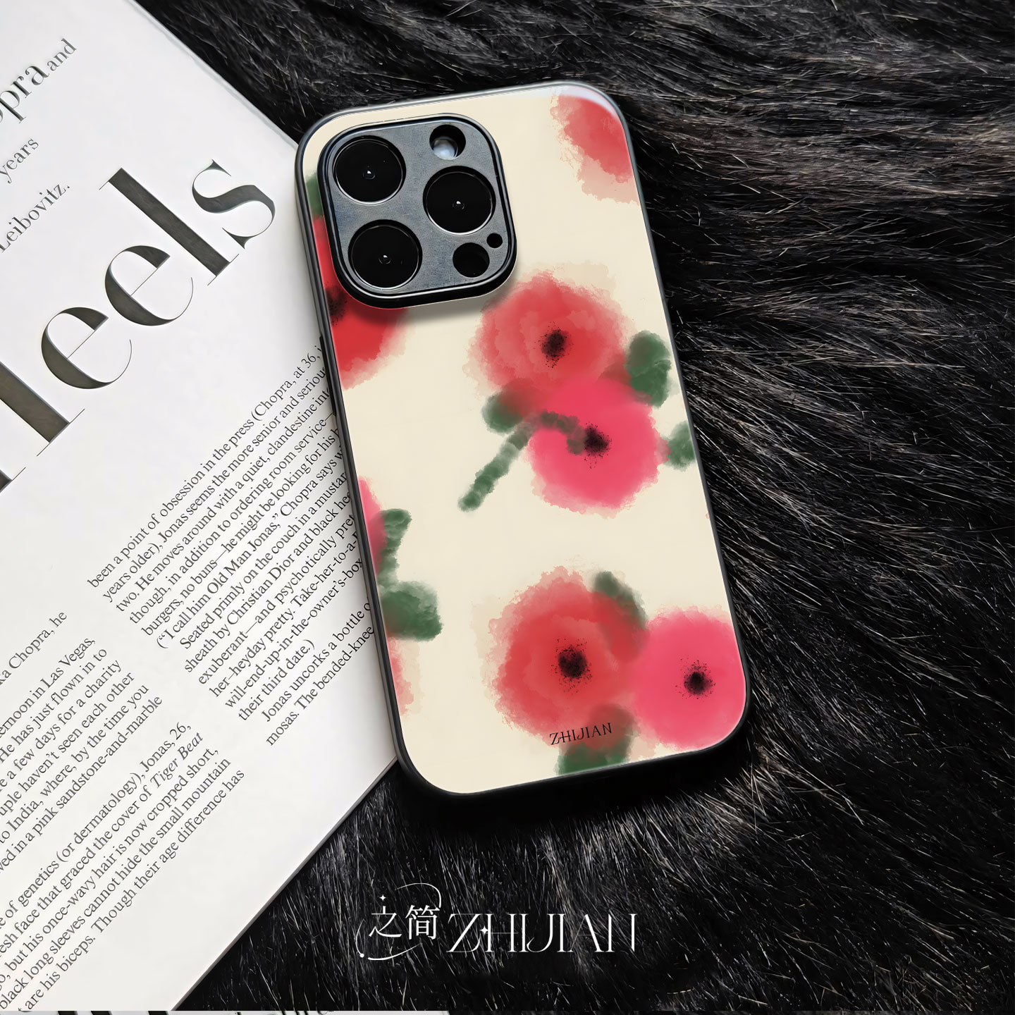 之简ZHIJIAN《水墨红花》玻璃亮面磨砂手机壳新款小众不撞壳适用苹果17promax红米K60PROVIVOS20PRO三星S25UL