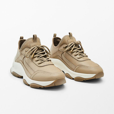 西班牙MD原单女鞋运动鞋棕色真皮薄款老爹鞋增高牛筋底防滑舒适春