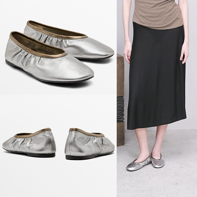 西班牙MD原单女鞋金属银色芭蕾跳舞鞋缩褶软皮平底一脚蹬浅口单鞋