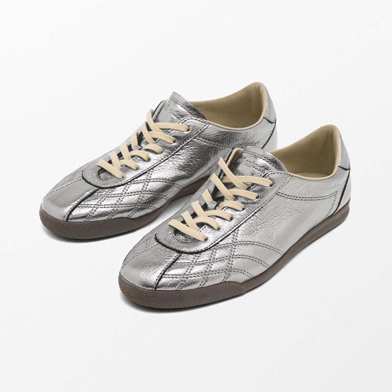 西班牙M.D原单女鞋低帮真皮休闲德训鞋复古系带银色舒适平底慢跑,女鞋,时尚芭蕾鞋,淘宝优惠券,粉丝福利购,淘宝优惠卷