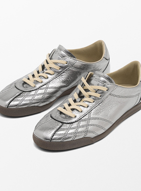 西班牙M.D原单女鞋低帮真皮休闲德训鞋复古系带银色舒适平底慢跑