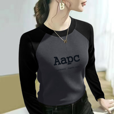 纯棉插肩撞色圆领长袖T恤女春秋新款洋气百搭宽松显瘦印花打底衫