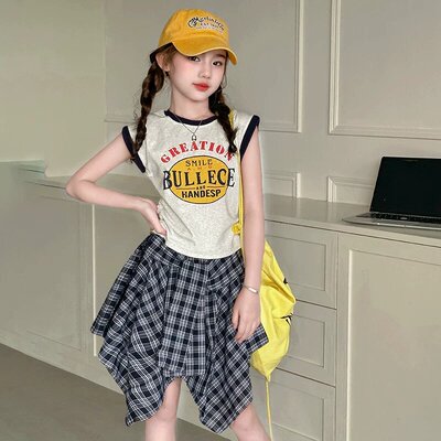 女童洋气背心无袖T恤2026夏季新款中大童格子休闲半身裙两件套装