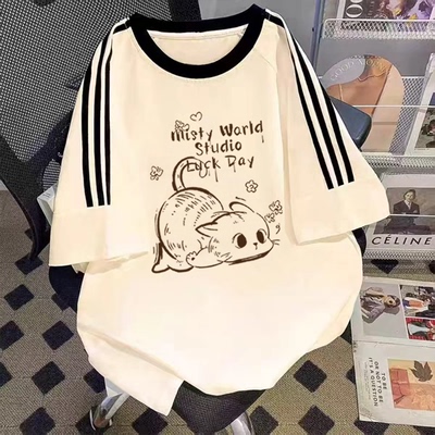 纯棉女童拼接撞色圆领短袖T恤夏季新款中大儿童韩版洋气卡通上衣