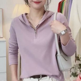纯棉连帽长袖T恤女装2025春秋季新款洋气时尚休闲百搭半拉链上衣