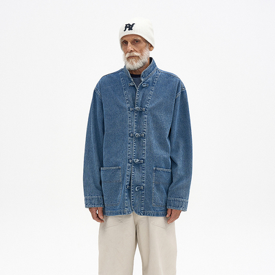 棉质立领独特环扣设计牛仔夹克