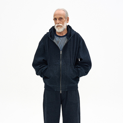 水洗复古双向拉链牛仔连帽夹克