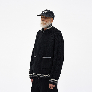 羊毛罗纹绞花针织夹克 韩国正品 PARTIMENTO 柔软插肩袖毛衣外套