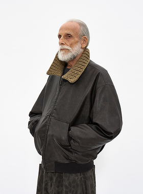 手工针织领皮革绗缝夹克 韩国正品 PARTIMENTO 休闲宽松保暖外套