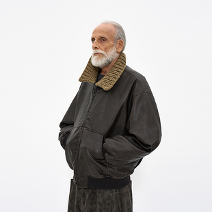 手工针织领皮革绗缝夹克 韩国正品 PARTIMENTO 休闲宽松保暖外套