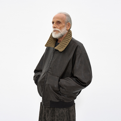 手工针织领皮革绗缝夹克