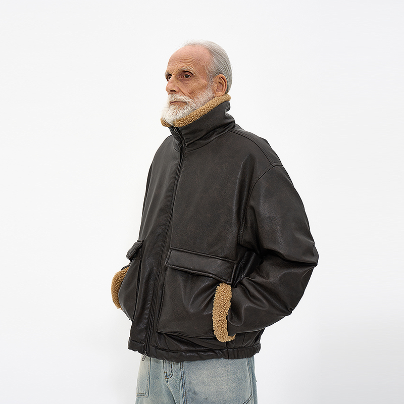 拼色立领复古皮革夹克