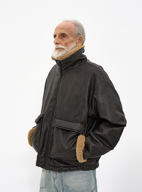 拼色立领复古皮革夹克 韩国正品 PARTIMENTO 摇粒绒内衬棉衣外套