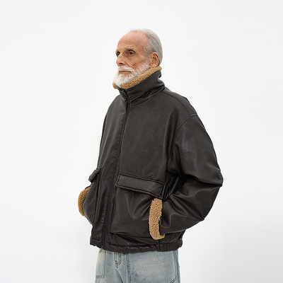 拼色立领复古皮革夹克