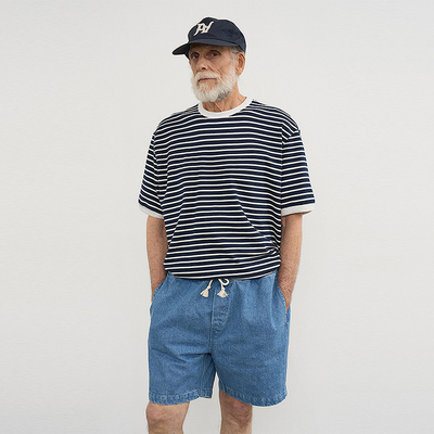 水洗复古条纹圆领半袖T恤