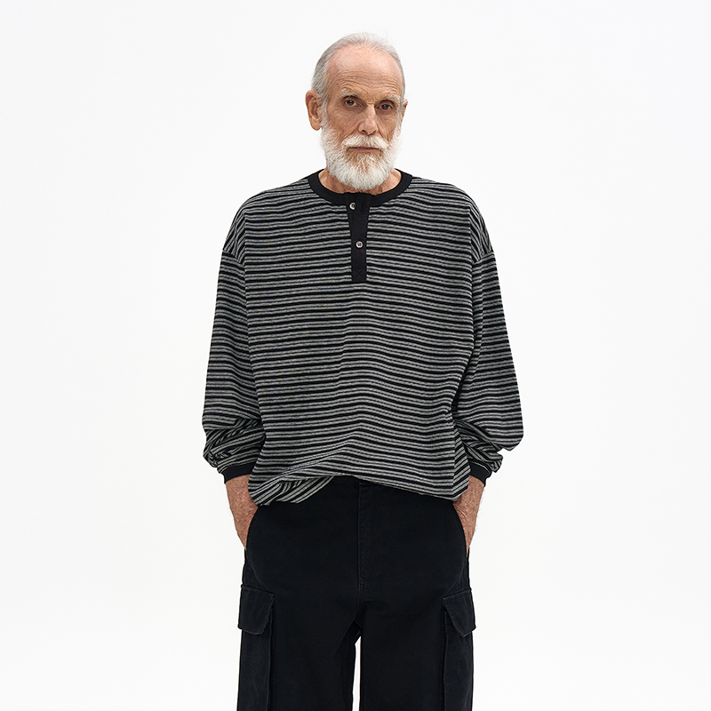 复古条纹亨利领休闲长袖T恤